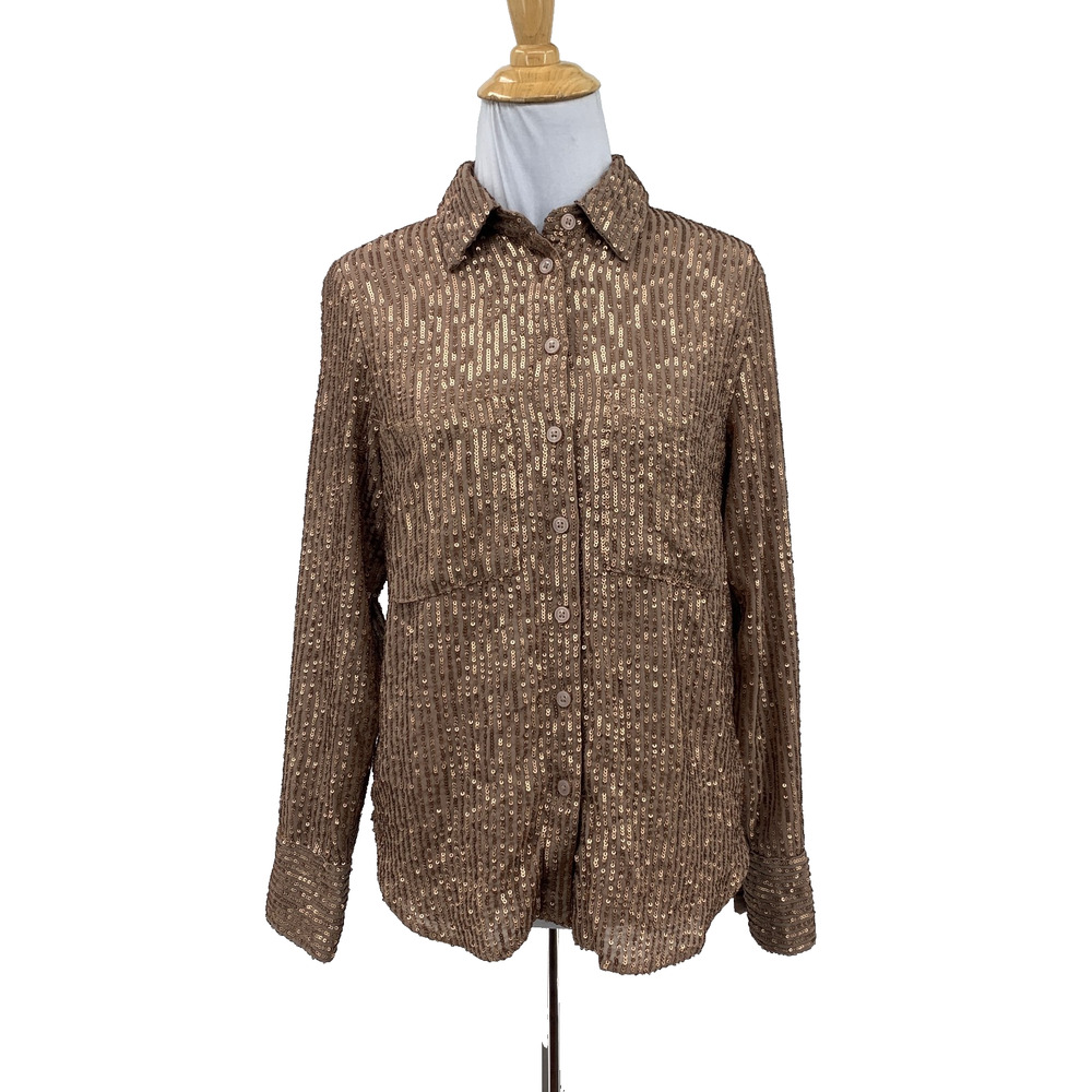 Anthropologie Shirt Womens SP Small Petite Earth Sequin Button Up Long Sleeve
